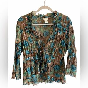 VTG Petite Kim Rogers Teal & Brown Sheer Floral Blouse PL Forest Fairy Grunge